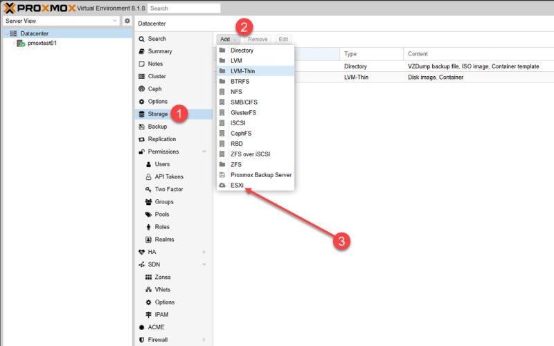 thêm lưu trữ esxi proxmox new import wizard